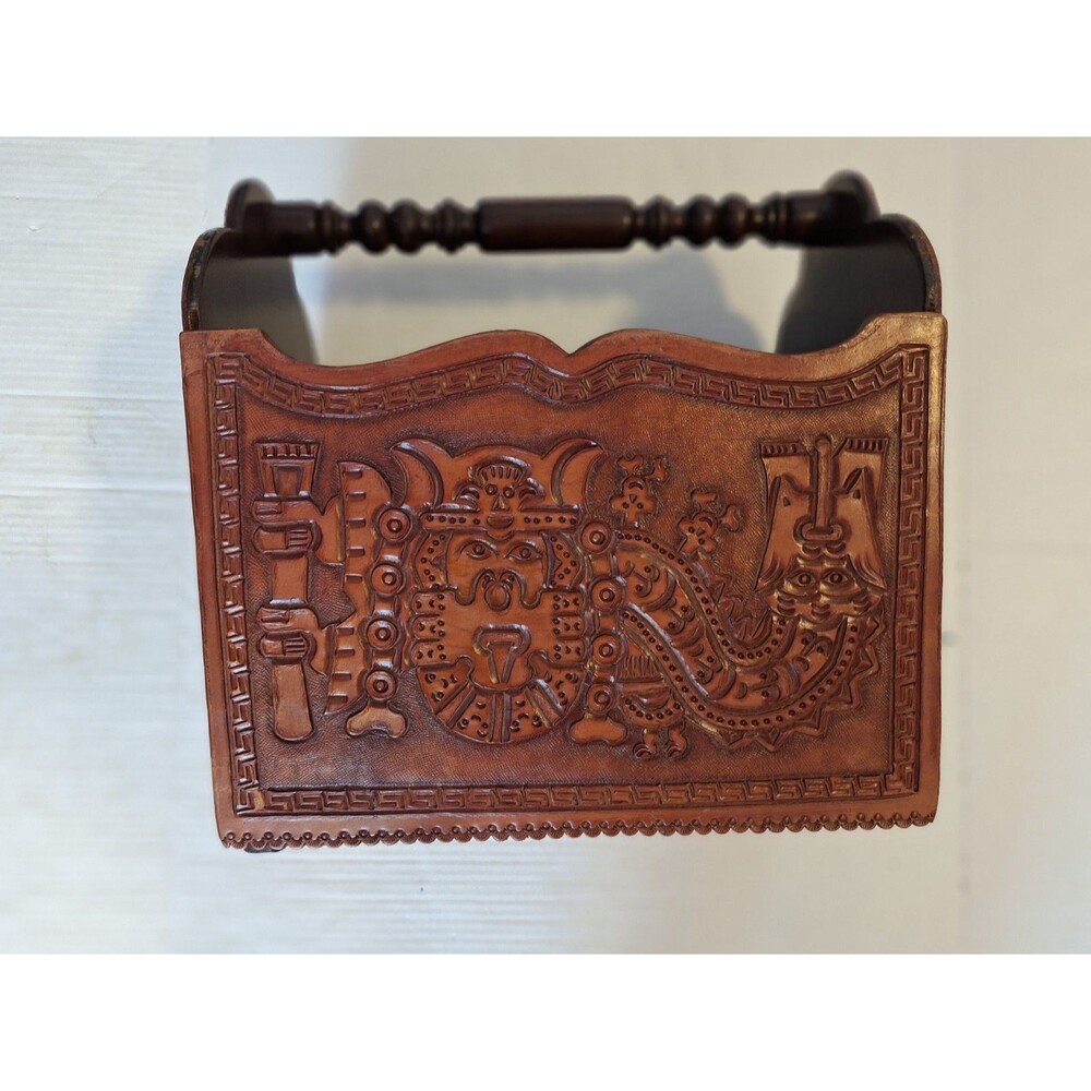 Leather Magazine Vinyl Album Rack Hand Tooled Peru South America Inca Design